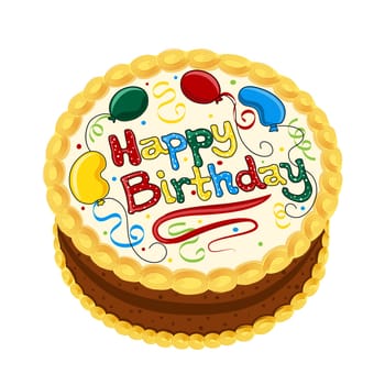 Happy Birthday chocolate cake decorated with balloons and confetti. Isolated on white background.