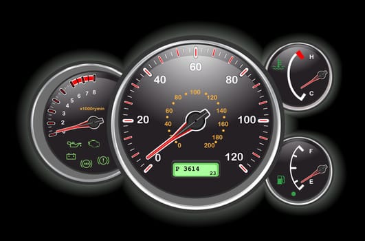 Car speedometer and dashboard at night.
