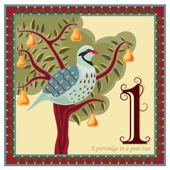 Religious card with The 12 Days of Christmas - 1-st day - A partridge in a pear tree.