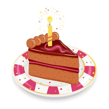Festive birthday chocolate cake with golden candle. Isolated on white background.