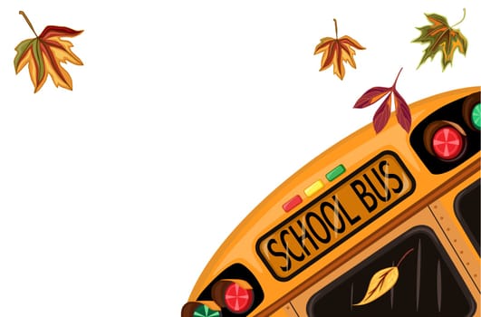Back to School in September with school bus and autumn leaves. Isolated over white background.