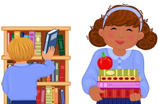 Multiracial children studying in the school library. Isolated over white.