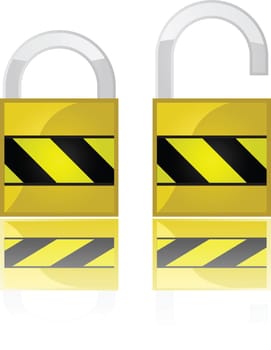 Glossy illustration showing two padlocks, one open and one closed