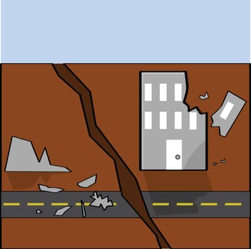 Cartoon illustration showing the destruction caused by an earthquake in a little town