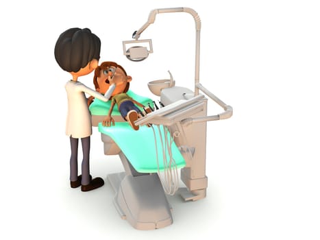 A young cartoon boy getting a dental exam by a dentist. White background.