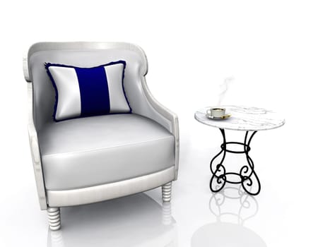Time for coffee! A cosy armchair with a table beside it. On the table there is a cup of hot steaming coffee. White background.