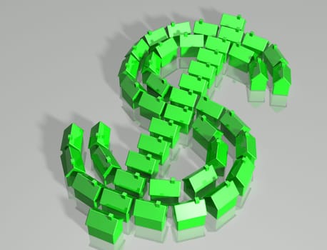 Housing market illustrated by small houses in the form of a dollar sign