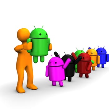 Orange cartoon chooses an Android robot (trademark of Google's operating system for smartphones).