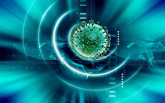 Digital illustration of influenza virus in colour background