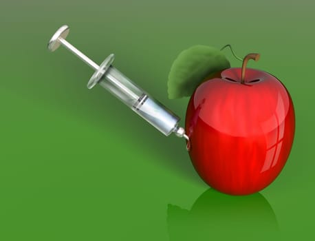 Stylized illustration of an apple being injected with a mysterious liquid