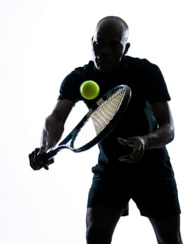 man african afro american playing tennis player backhand, on studio isolated on white background
