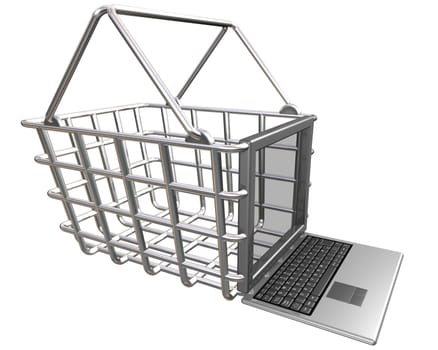 Internet shopping basket with a laptop computer looking into the basket