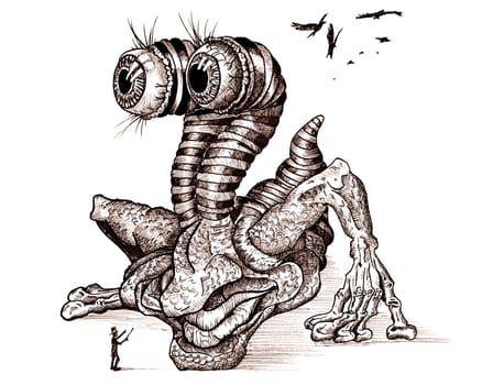 Ink drawing of an enormous bogeyman with protruding eyes.