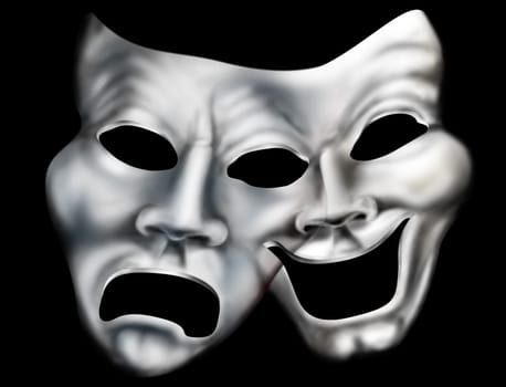Stylized illustration of two theater masks merged into one