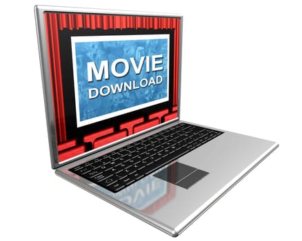 Isolated illustration of a laptop showing movie downloads over the Internet