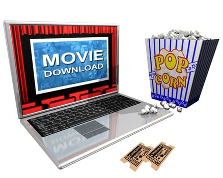 Isolated illustration of a laptop and a bucket of popcorn portraying movie downloads over the Internet