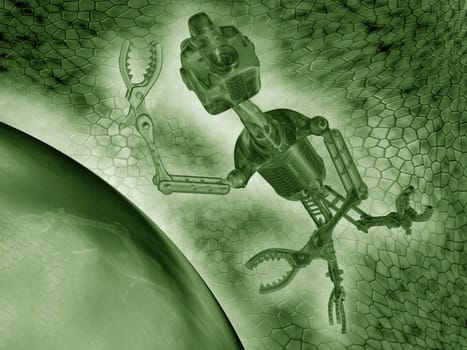Illustration of a nanobot working in a microscopic environment