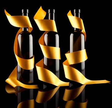 Gold ribbons around bottles
