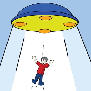 Cartoon illustration showing a man being abducted by a flying saucer