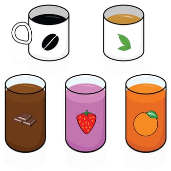 Cartoon illustration showing different hot and cold breakfast beverages