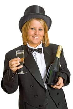 Young attractive woman with chapeau claque on white background