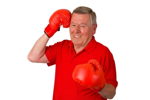 Senior with boxing gloves isolated on white background