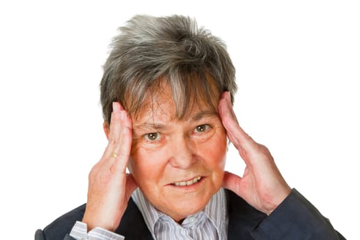 Senior woman outdoors on white background