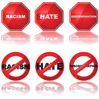 Set of icons showing a stop sign and a forbidden sign combined with the words &#039 racism,&#039  &#039 hate,&#039  and &#039 discrimination&#039