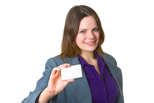 Competent businesswoman hands over business card - isolated on white background