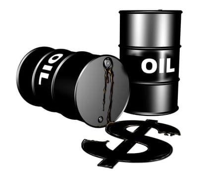 Oil drums and a dollar symbol of leaking oil representing the burden on the dollar by the oil markets