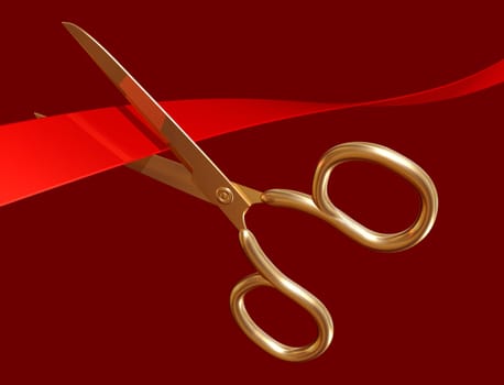 Illustration of golden scissors cutting through red tape