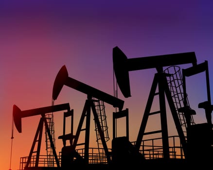 Illustration of three oil wells in the desert at dusk
