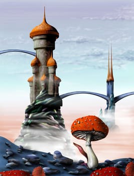 Illustration of a fantasy castle in an alien world