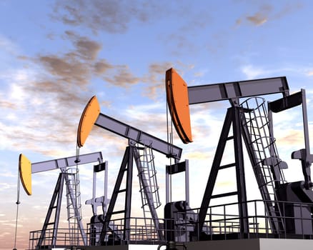 Illustration of three oil rigs in the desert
