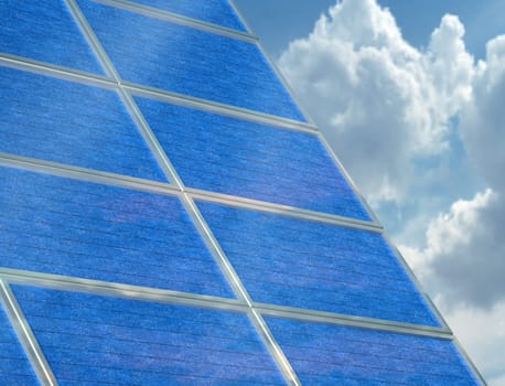 Illustration of a solar panel array on a cloudy day