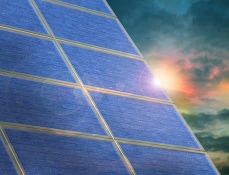 Illustration of a solar panel array at sunset