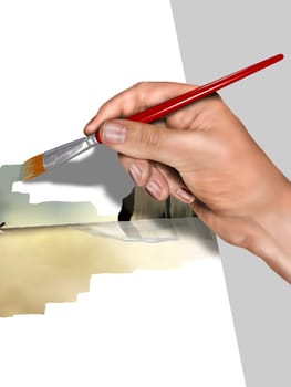 Illustration of an artist painting a landscape