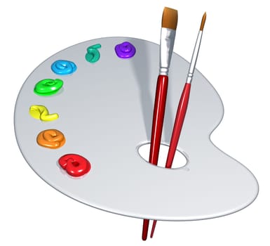 Illustration of an isolated artist palette with brushes