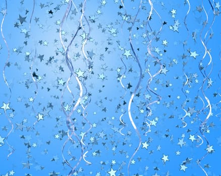 Background full of stars, confetti and streamers in shades of blue