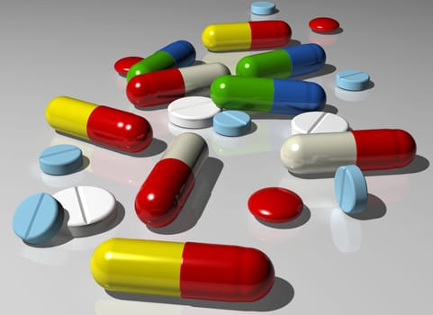Illustration of various colorful capsules and pills