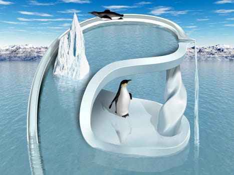 Illustration of an impossible two tiered penguin playground