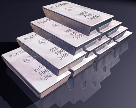 stack of pure platinum bars on a reflective surface.