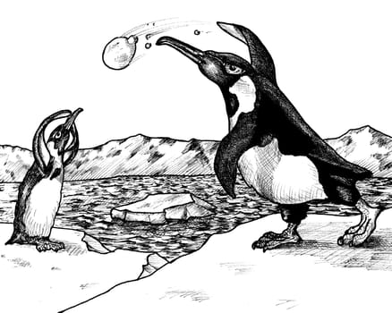 Ink drawing of two penguins having a snowball fight at the North Pole.