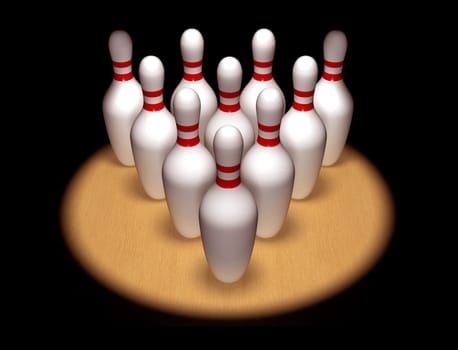 Illustration of ten bowling pins standing to attention in the spotlight