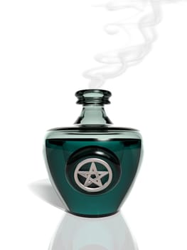 Small glass bottle contain a smoking magic potion