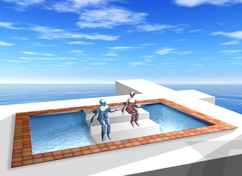 Original illustration of impossible geometric shapes in the form of steps over a pool