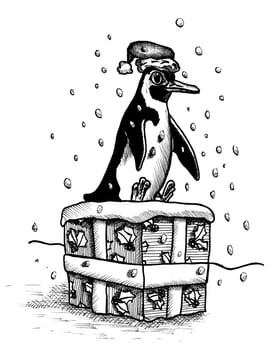 Pen and ink drawing of a penguin sitting on a large Christmas present in the snow