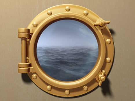 Ship porthole looking out to a cold and stormy sea