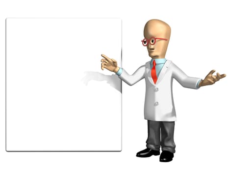 Cartoon professor pointing to a blank sign with room for your text
