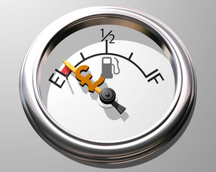 Illustration of fuel gauge showing low on fuel and low on cash